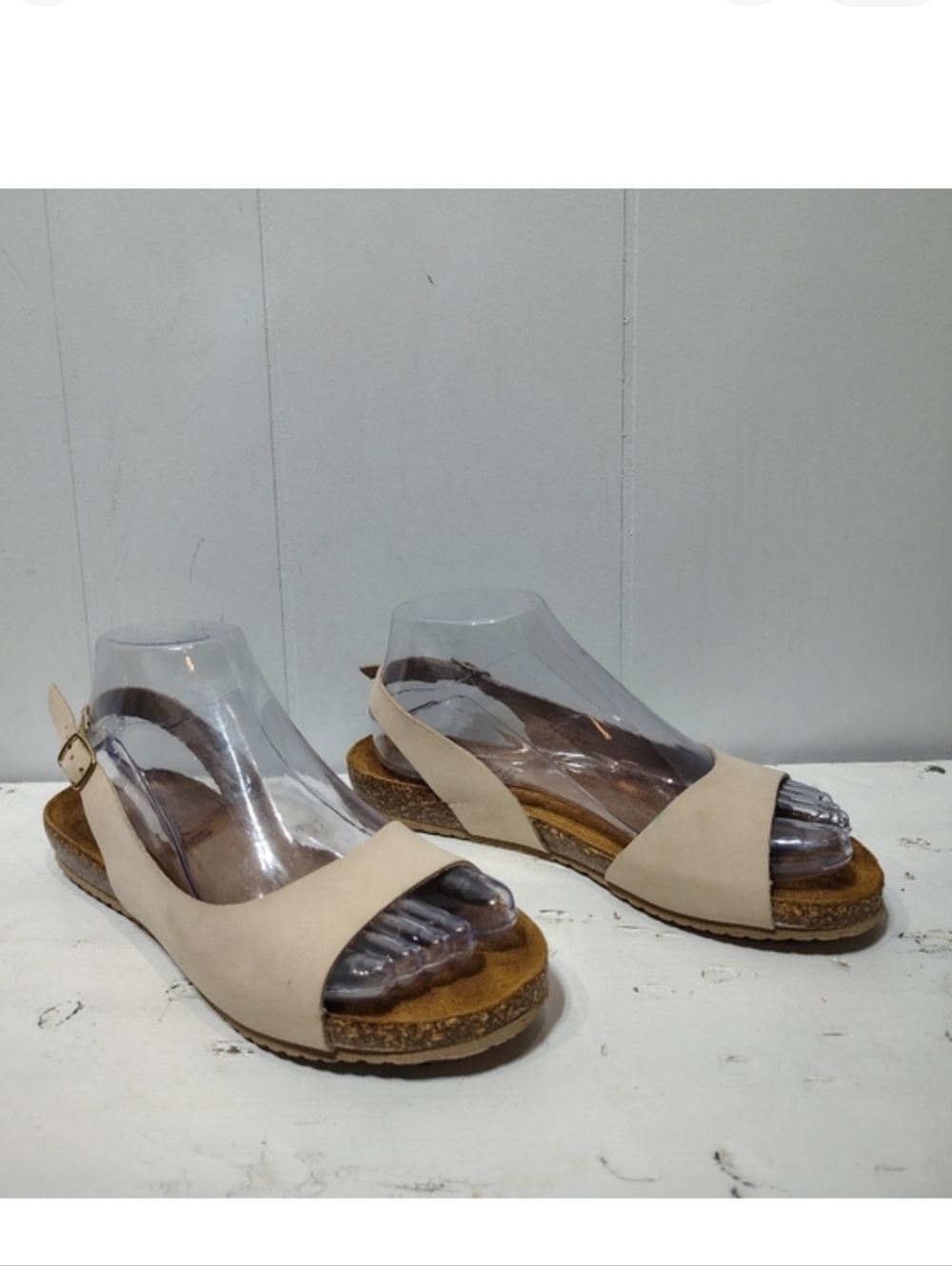 Made in Italy Leather Slingback Sandals by BioGold Cream Cork Flats Size‎ 7.5
